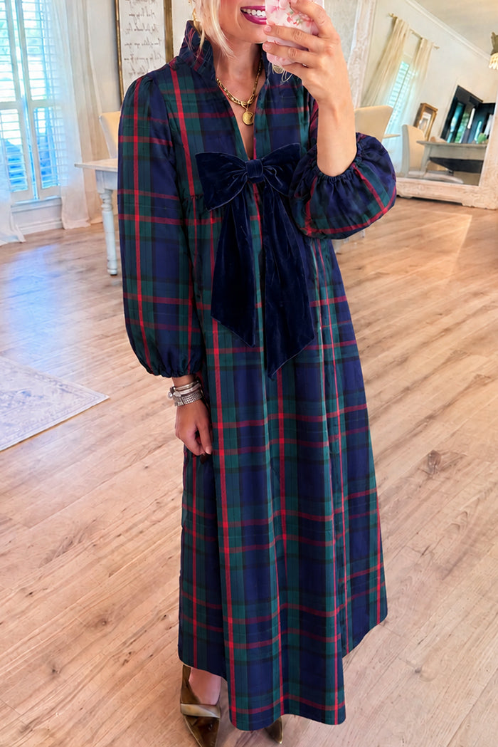 Navy Tartan Plaid Bow Maxi Dress
