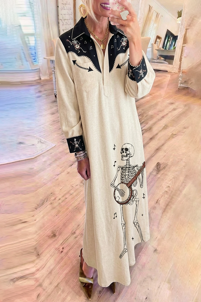 Cream Black Color Block Yoke Placket Skeleton Banjo Print Maxi Dress