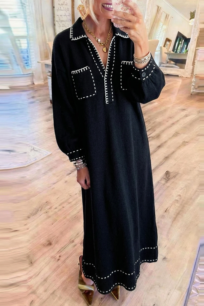 Black Hand Stitch Knit Pockets Maxi Dress