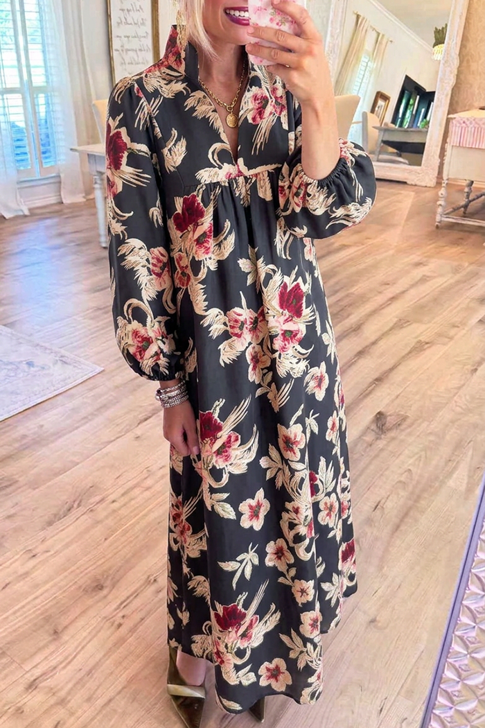 Black Floral Stand Collar Pockets Maxi Dress