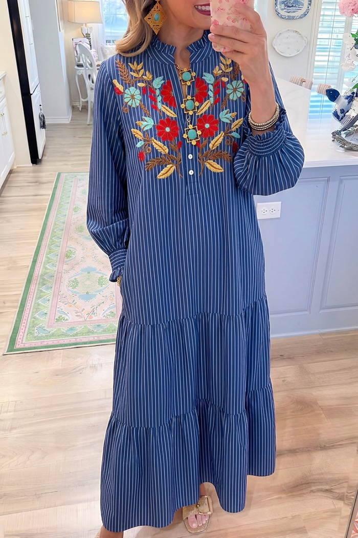 Stripe Floral Embroidered Pocket Tiered Maxi Dress
