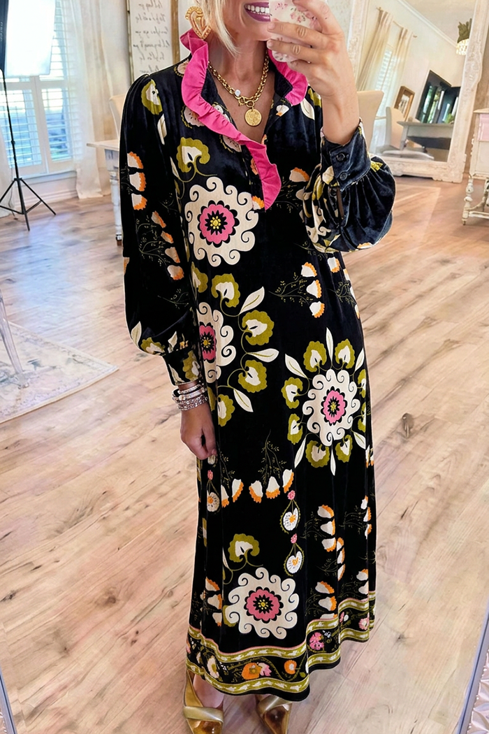 Black Floral Velvet Ruffle Collar Maxi Dress