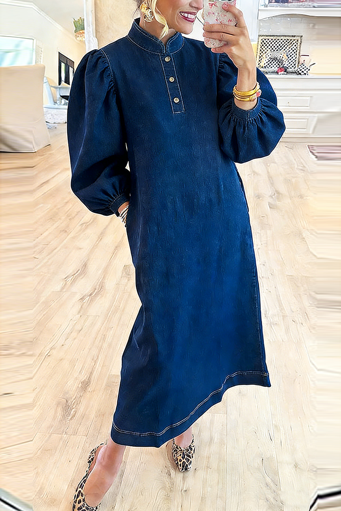 Mandarin Collar Puff Sleeve Pocket Denim Maxi Dress