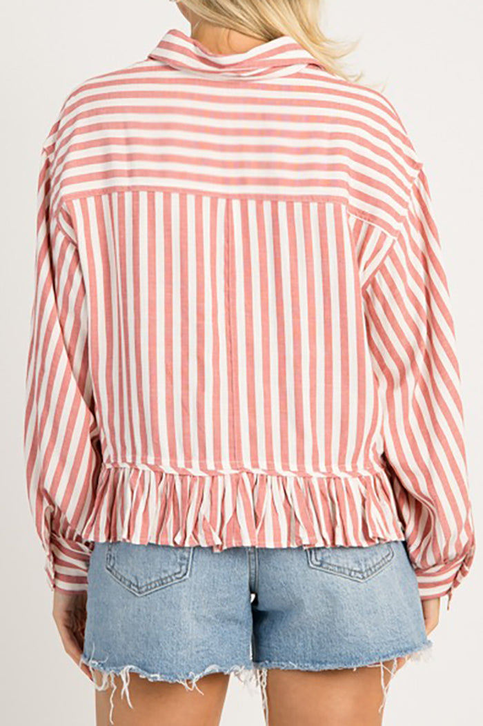 Striped Ruffled Hem Button Shirt