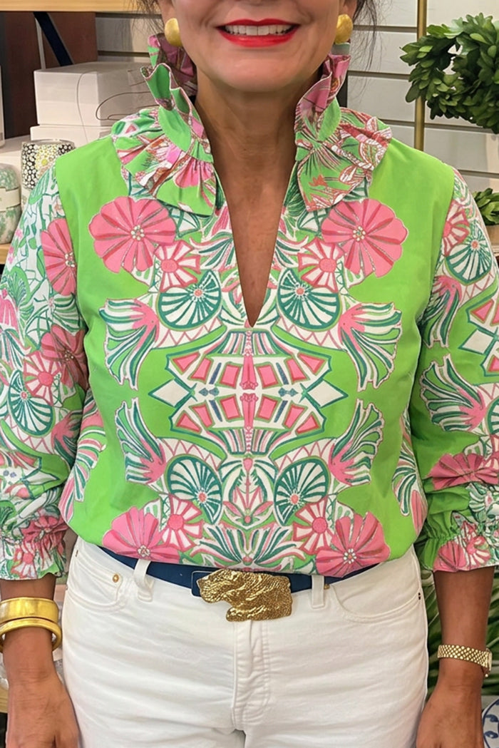 Bright Floral Ruffle Trim Top