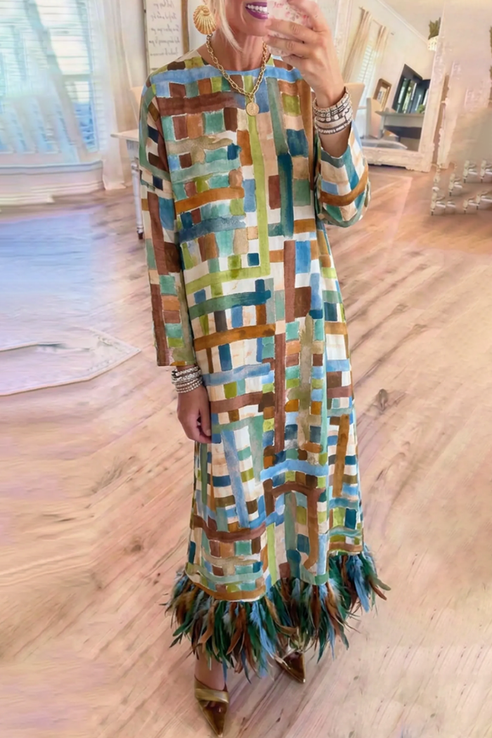 Abstract Geometric Print Long Sleeves Feather Fringe Maxi Dress