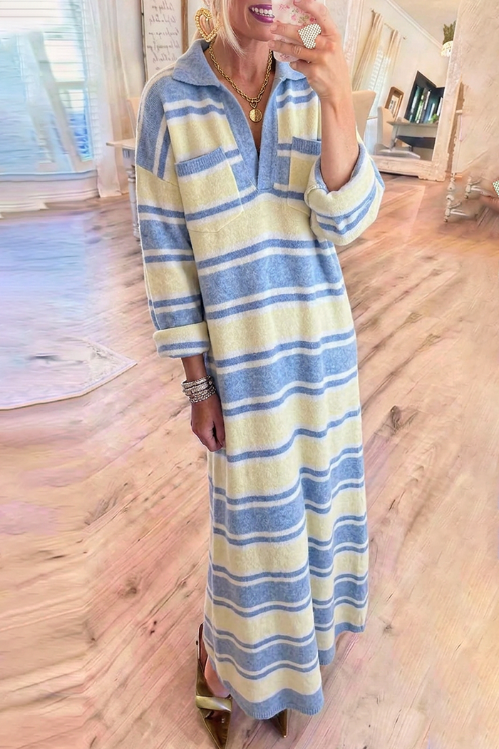 Blue Yellow Stripe Knit Collared Pockets Maxi Dress