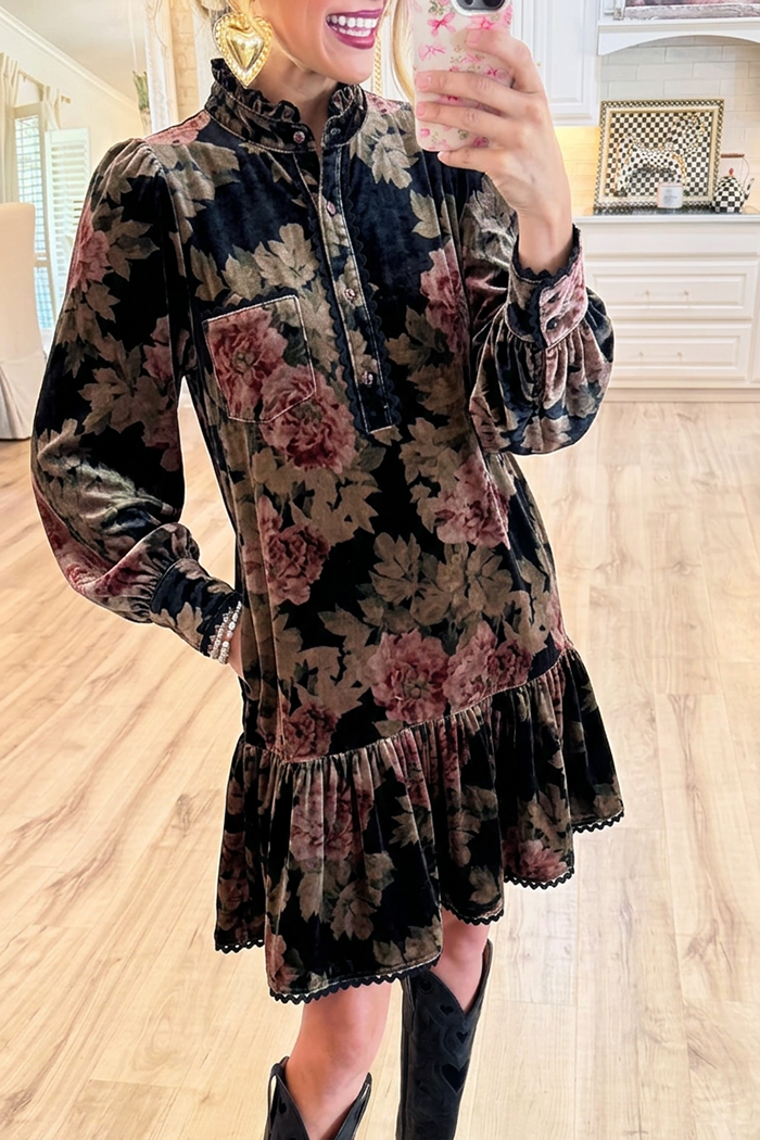 Velvet Vintage Floral Ruffle Collar Puff Sleeve Ruffle Hem Dress