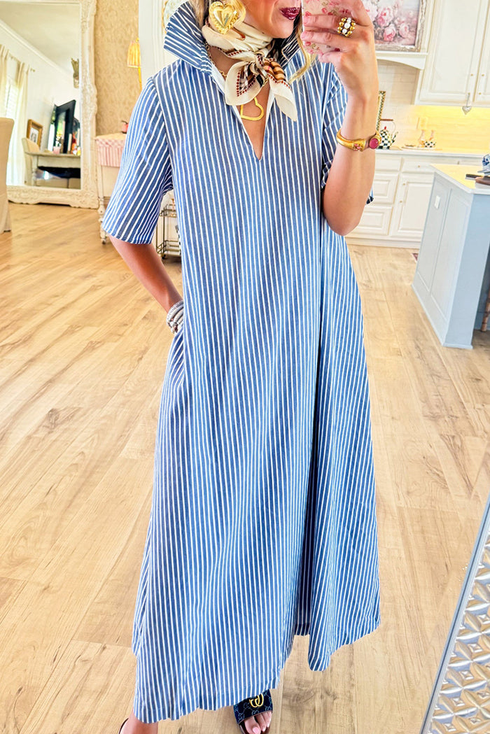 Casual V-Neck Pockets Striped Maxi Dress