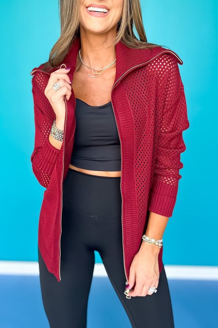 Exaggerated Collar Crochet Knit Zip Up Sweater