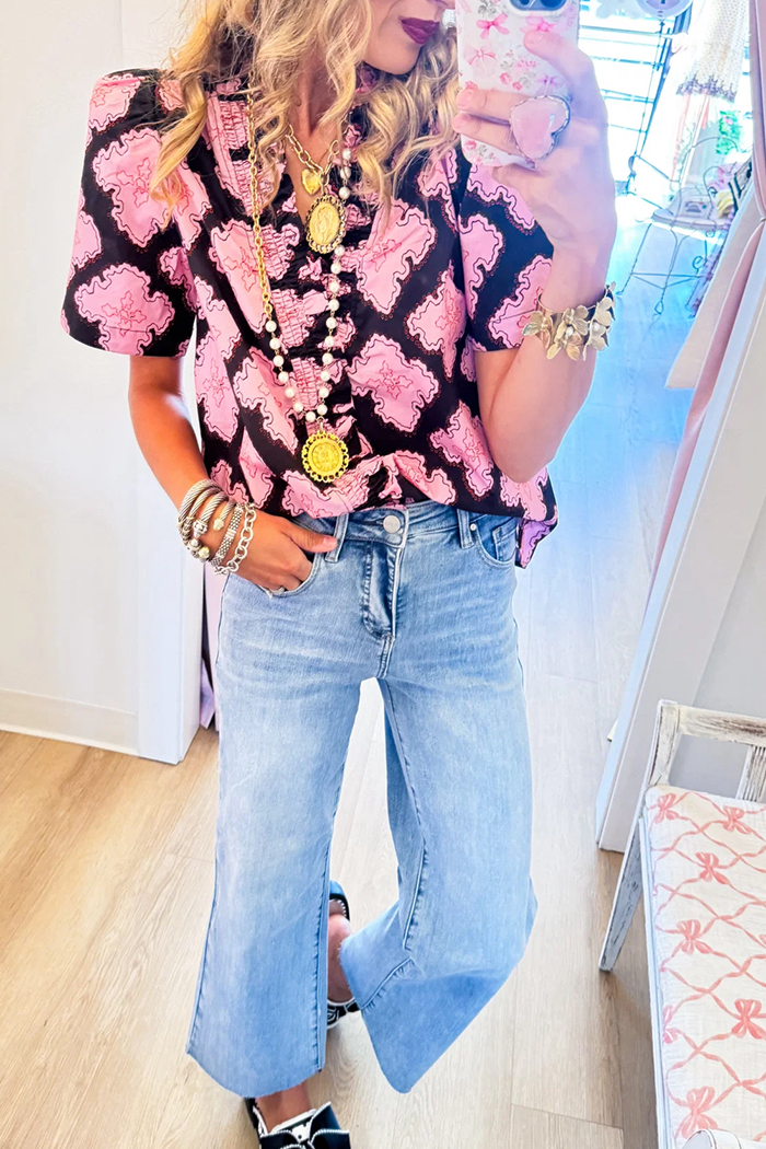 Pink Abstract Floral Ruffle Placket Short Sleeve Top