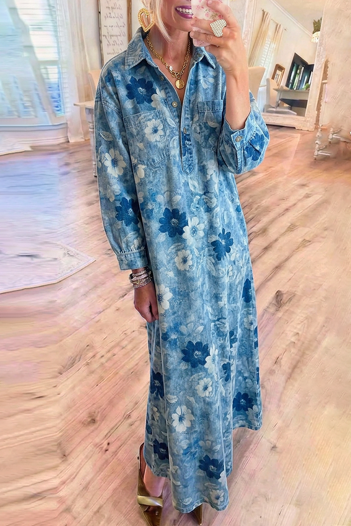 Denim Collared Long Sleeve Floral Maxi Dress