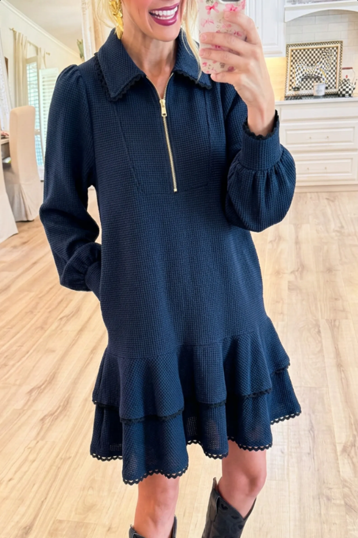 Navy Collared Half Zip Puff Long Sleeve Double Ruffle Hem Dress