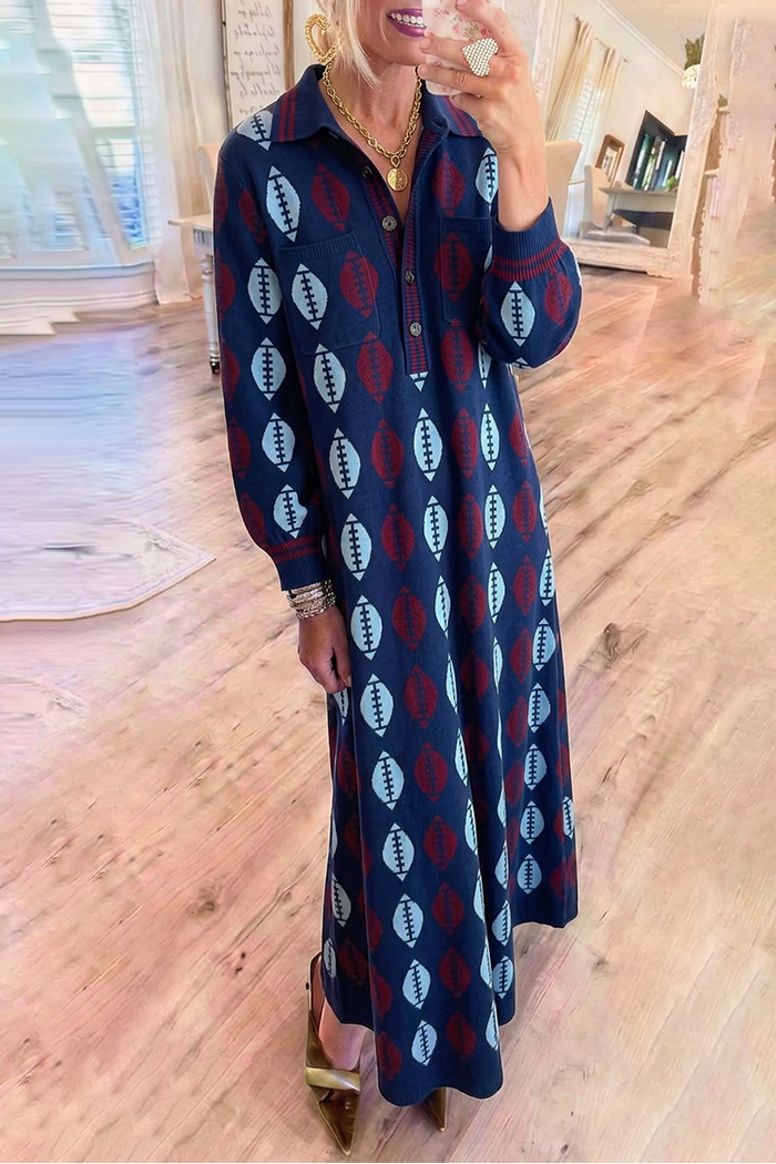 Navy Blue Knit Football Jacquard Button Collared Maxi Dress