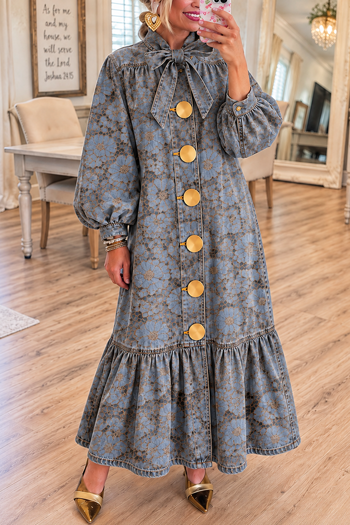 Denim Floral Big Button Ruffle Maxi Dress