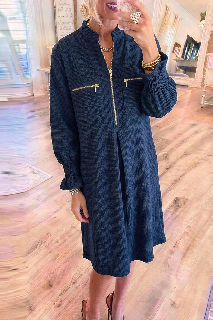 Navy Waffle Texture Half Zip Smocked Cuff Pocket Shift Dress