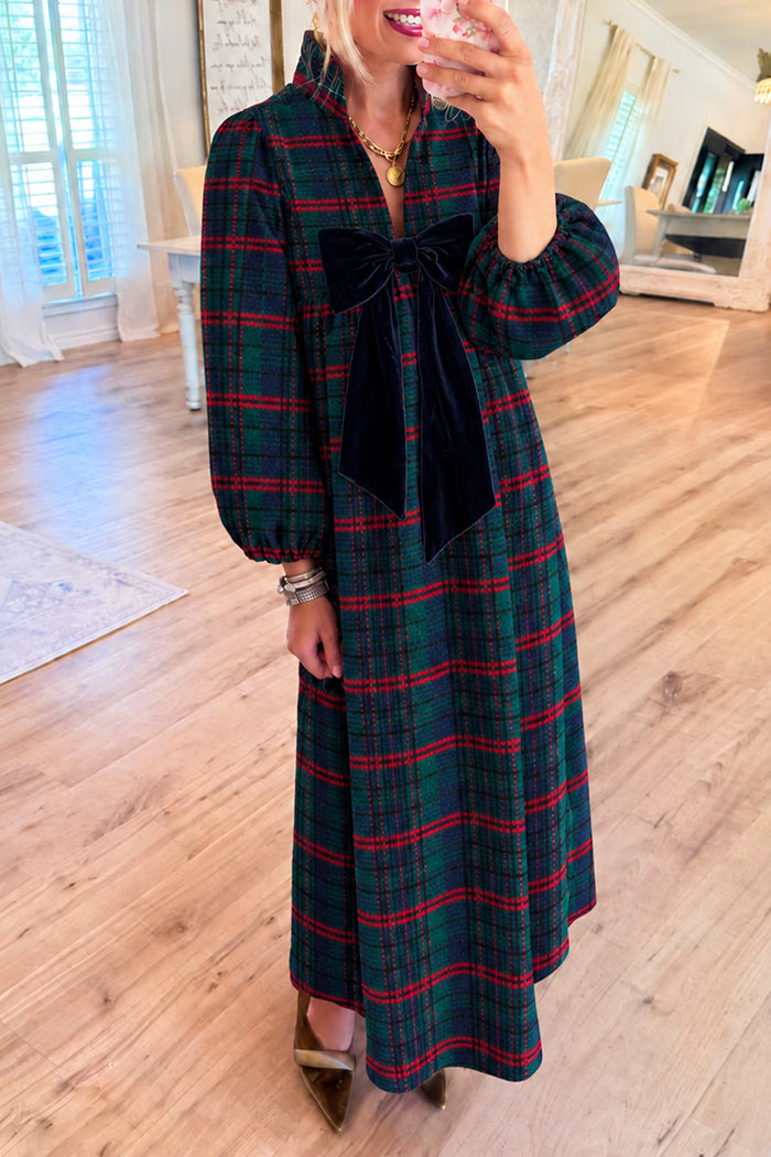 Forest Green Knitted Plaid Maxi Dress