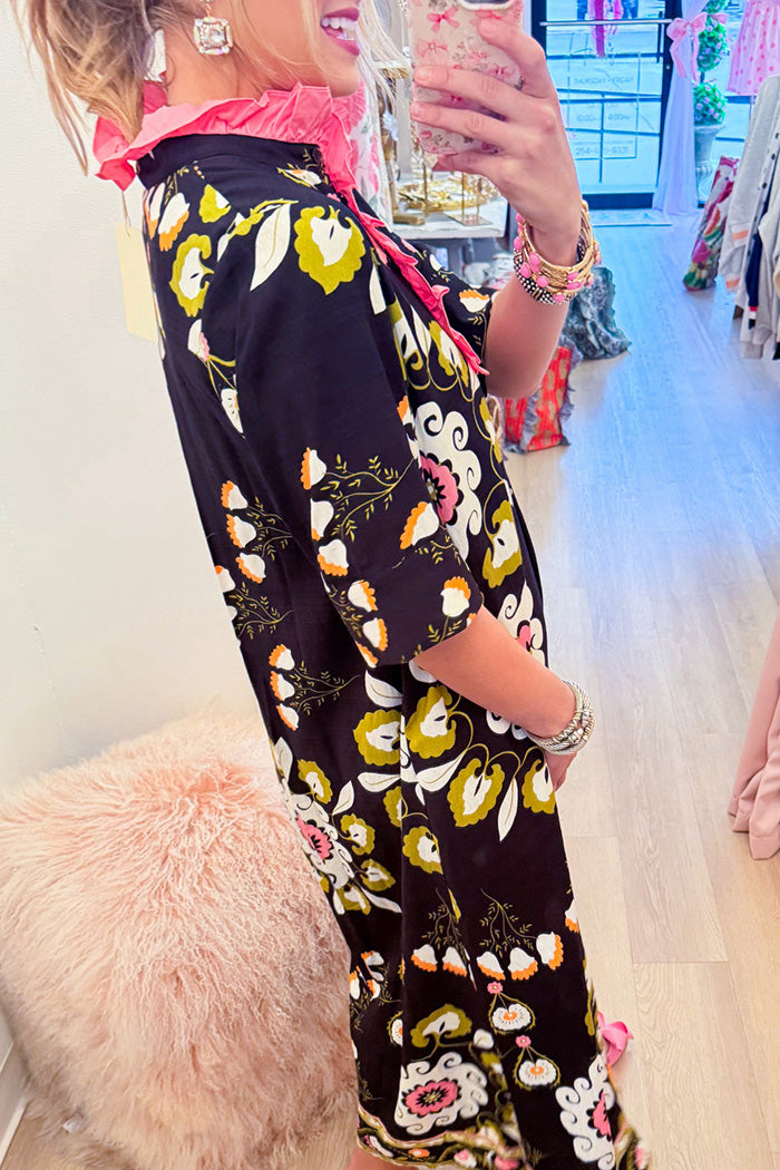 Floral Boho Ruffle Pocket Midi Dress