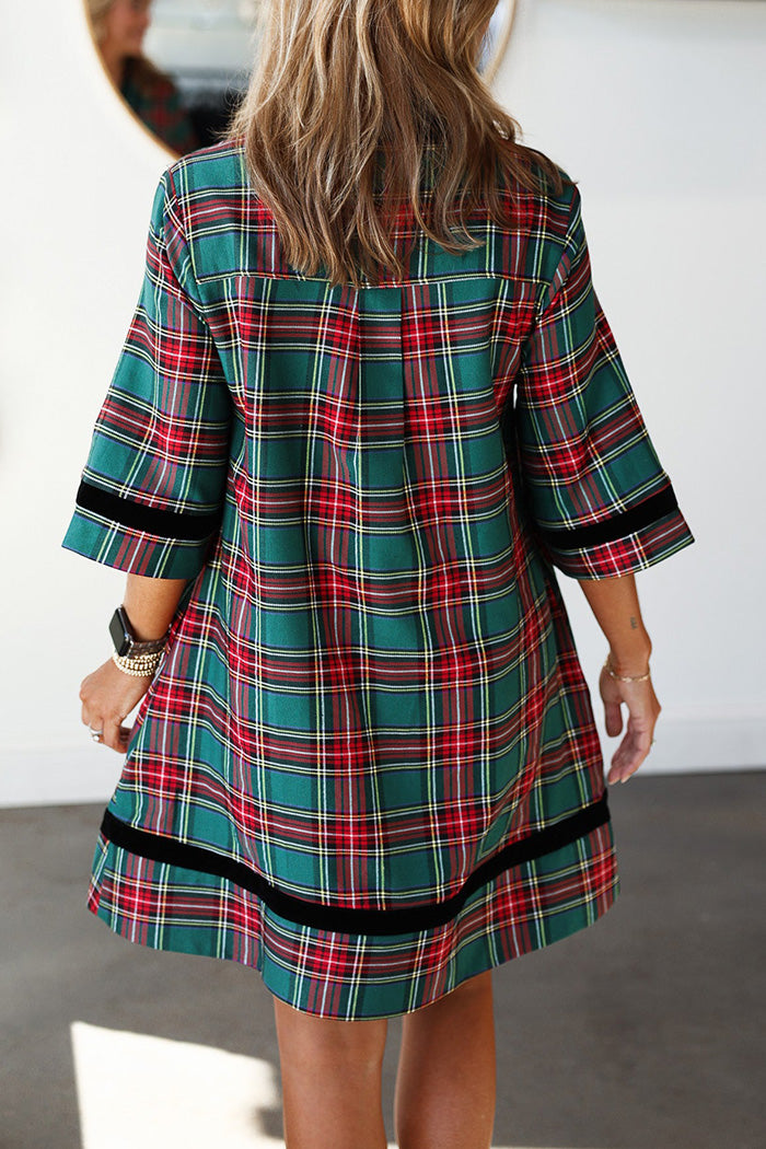 Pocketed Velvet Trim Plaid Dress