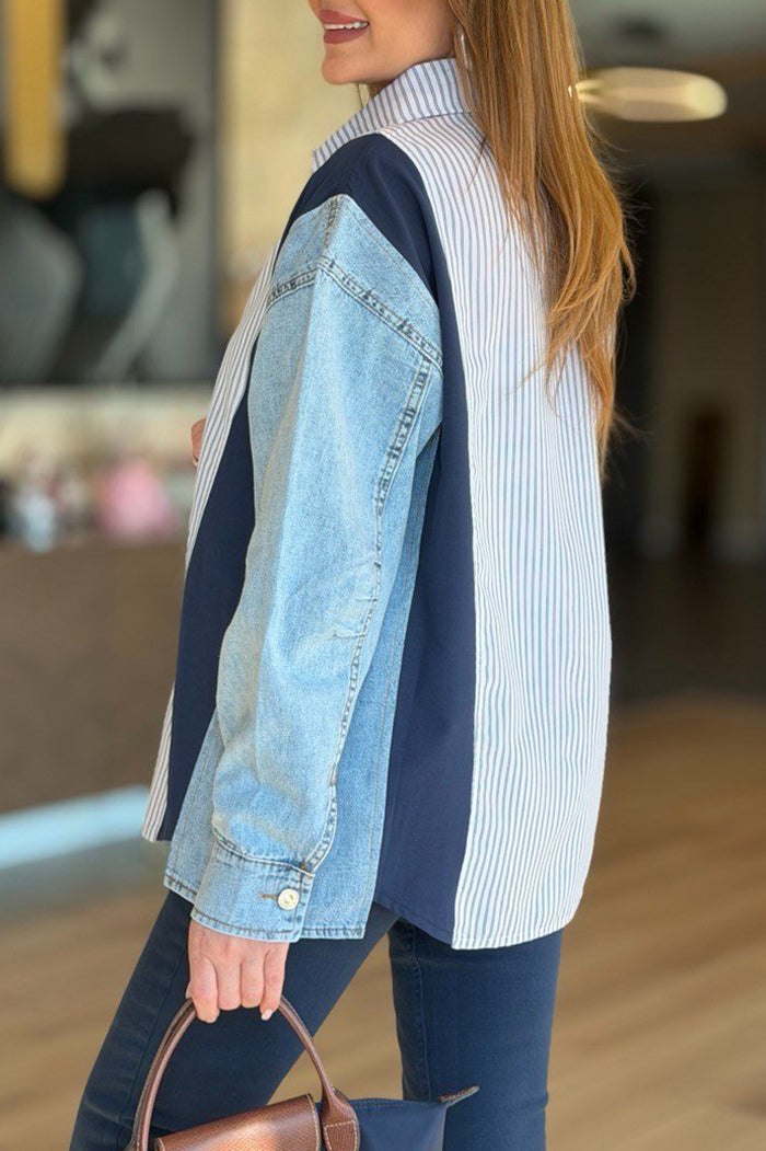 Color Block Denim Pinstripe Shirt Top