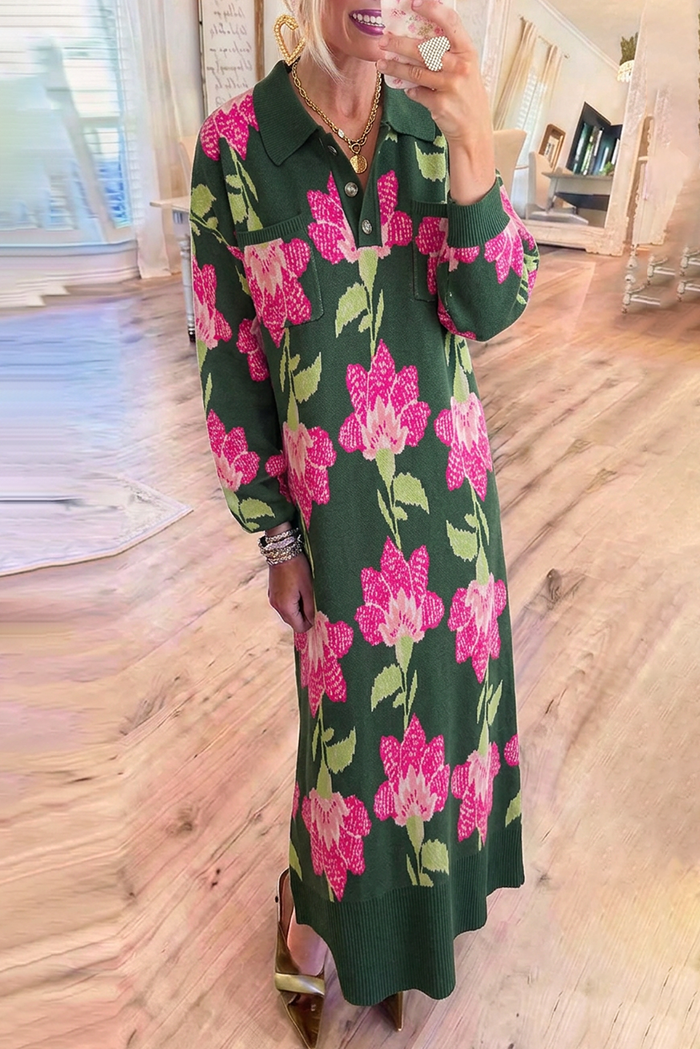 Green Floral Knit Collared Long Sleeves Pockets Maxi Dress
