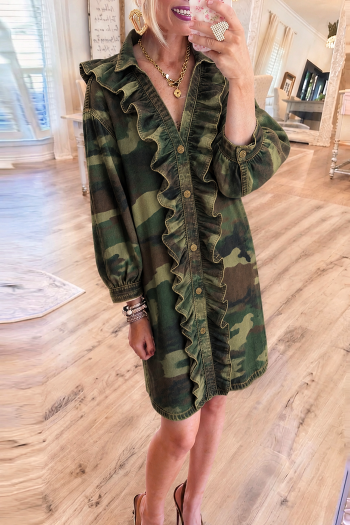 Camo Denim Ruffle Front Shirt Dress