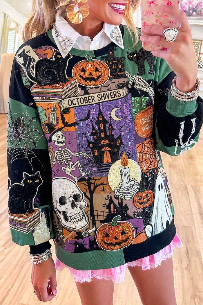 Halloween Patchwork Graphic Long Sleeve Crew Neck Sweatshirt