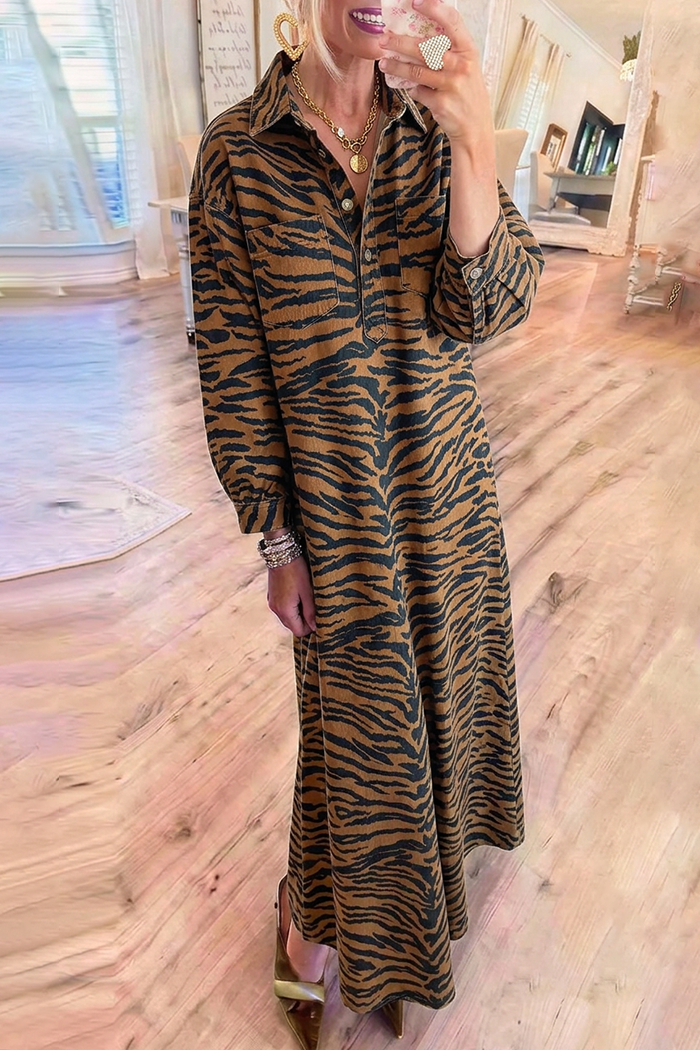 Brown Tiger Stripe Collared Half‑Button Maxi Dress