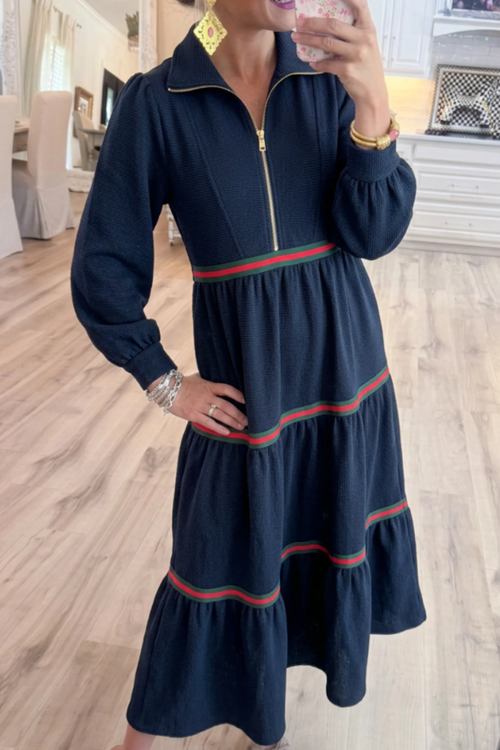 Navy Collared Half Zip Puff Sleeve Stripe Trim Tiered Maxi Dress