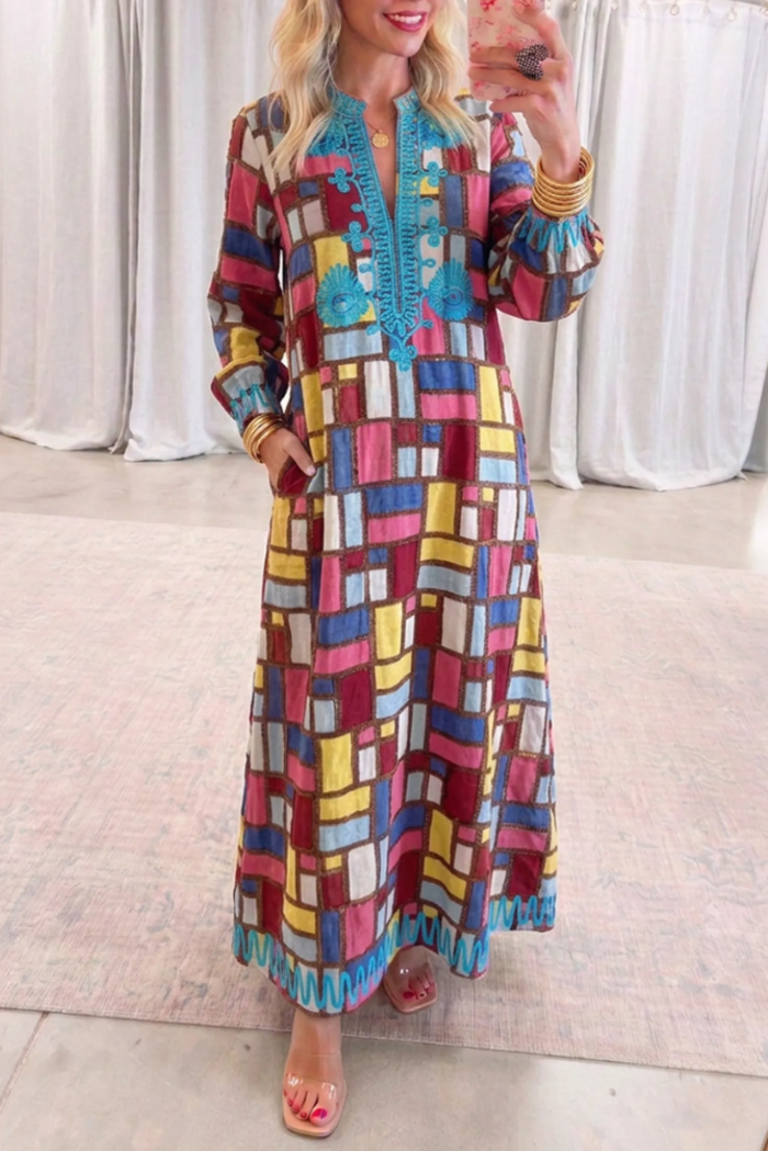 Casual Embroidered Plaid Dress
