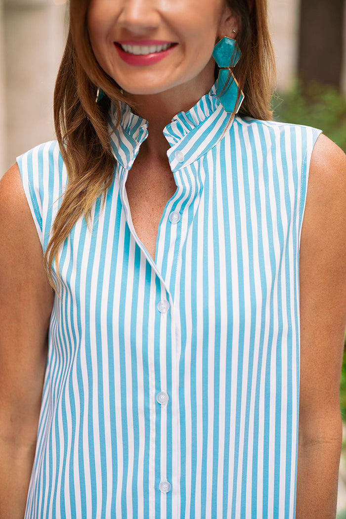 Sleeveless Ruffle Collar Striped Shirt Maxi Dress