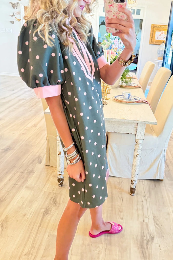 Olive Polka Dot Puff Sleeve Dress