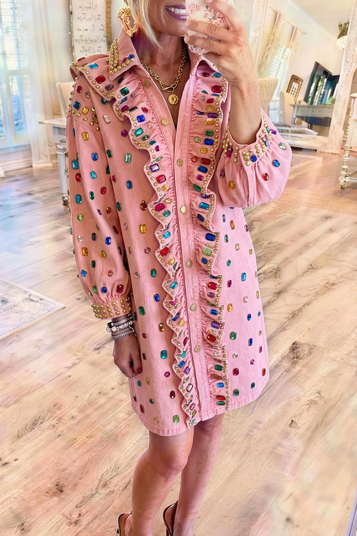 Pink Denim Ruffle Placket Balloon Sleeve Multicolor Rhinestone Embellished Shirt Dress