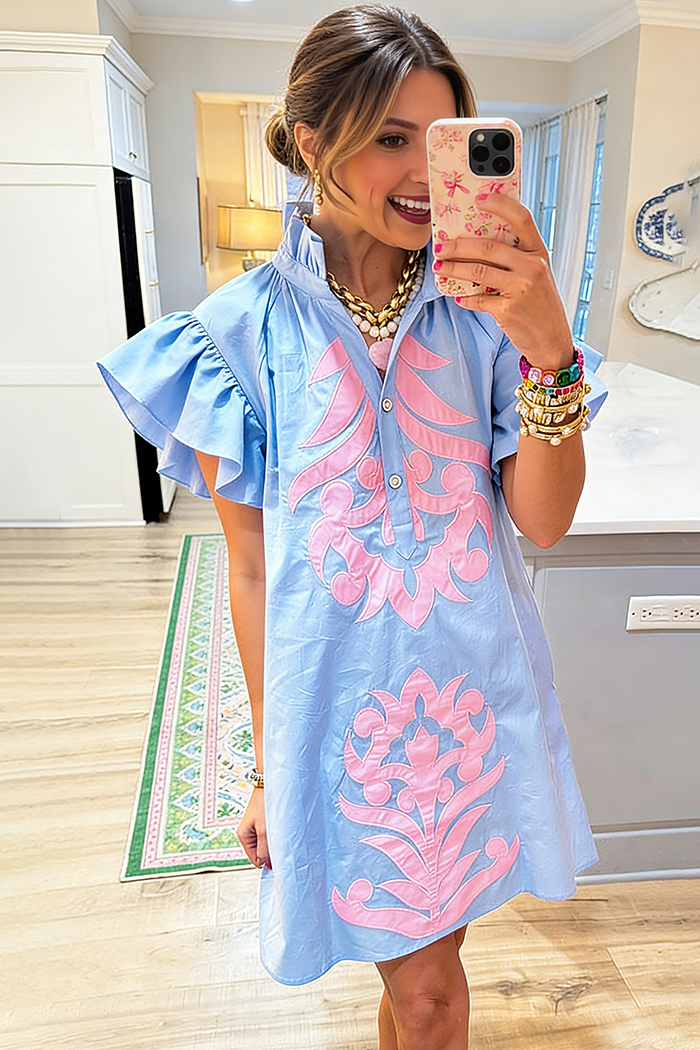 Embroidered Ruffled Flutter Sleeves Pockets Dress