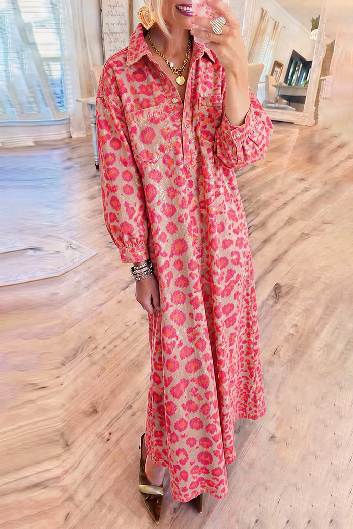 Sequins Covered Leopard Collar Pockets Maxi Dress