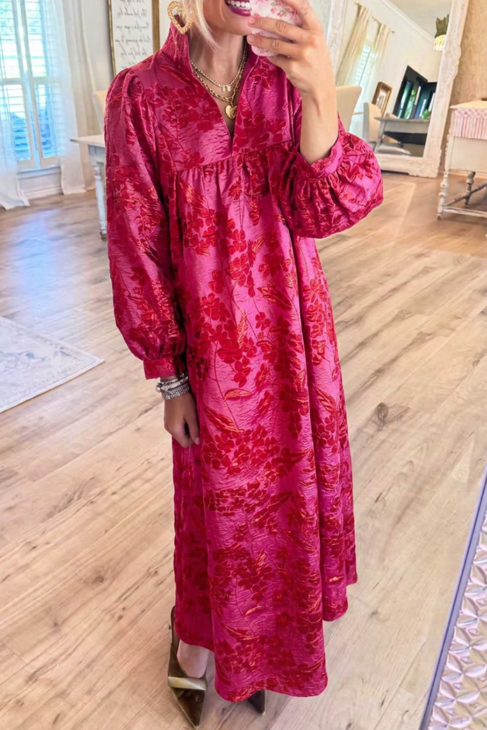 Stand Split Neck Fuchsia Floral Jacquard Maxi Dress