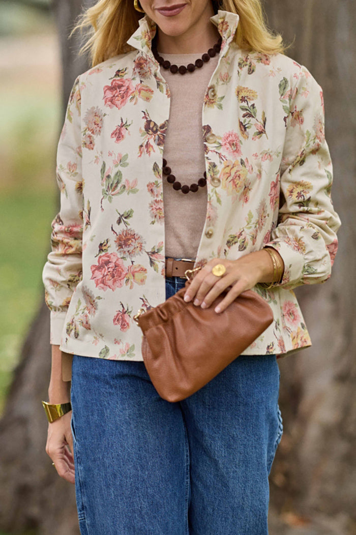 Beige Floral Ruffle Collar Jacket