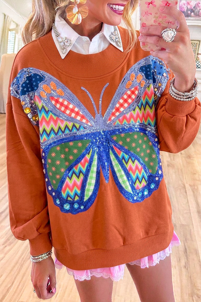 Butterfly Patchwork Motif Sequin Long Sleeve Crew Neck Sweatshirt