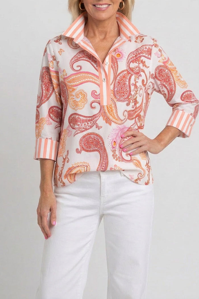 Coral Paisley Print Striped Cuff Half Placket Top