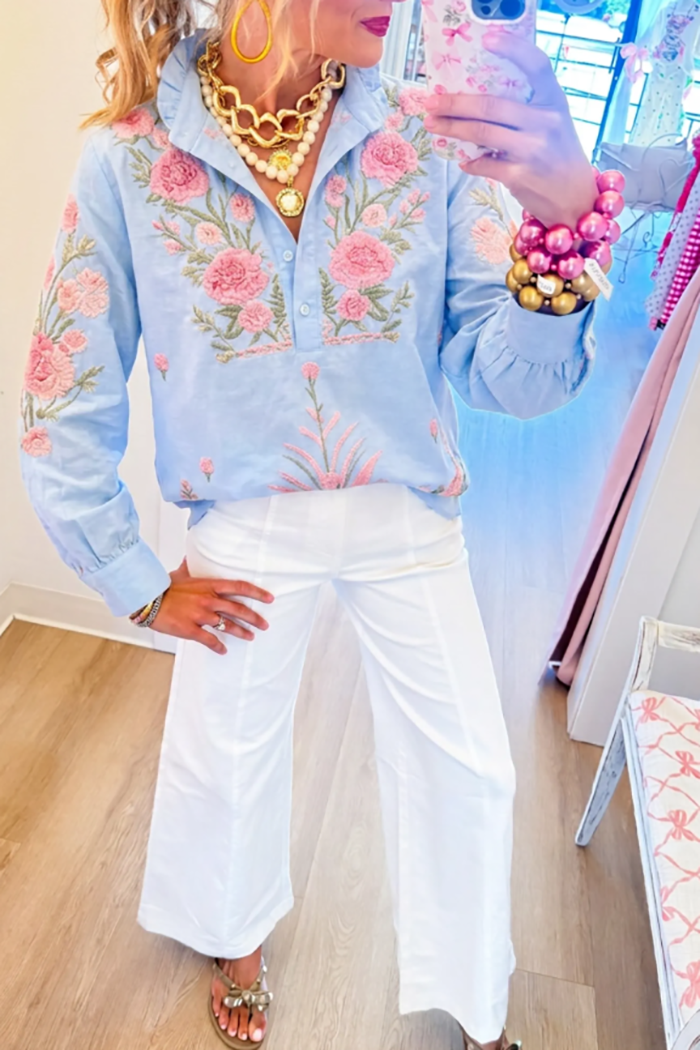 Casual Ruffles Collar Embroidered Top