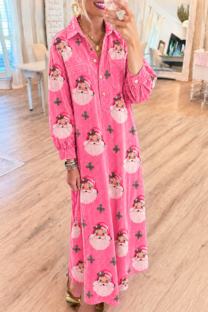 Vintage Santa Print Velvet Maxi Dress