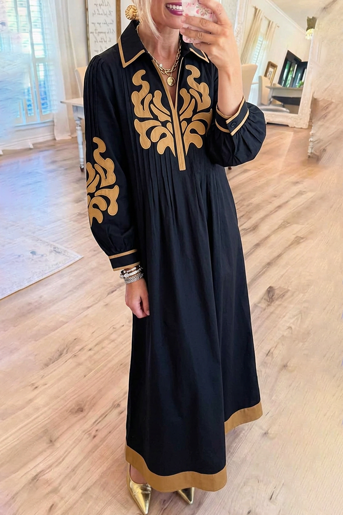 Black Collared Gold Scroll Pattern Pleated Front Puff Sleeve Maxi Dress
