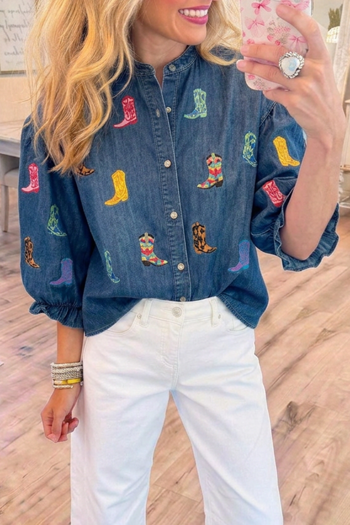 Denim 3/4 Ruffle Cuff Puff Sleeve Colorful Cowboy Boot Embroidered Top
