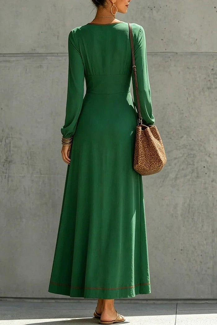 Contrast Trim Pockets Green Maxi Dress
