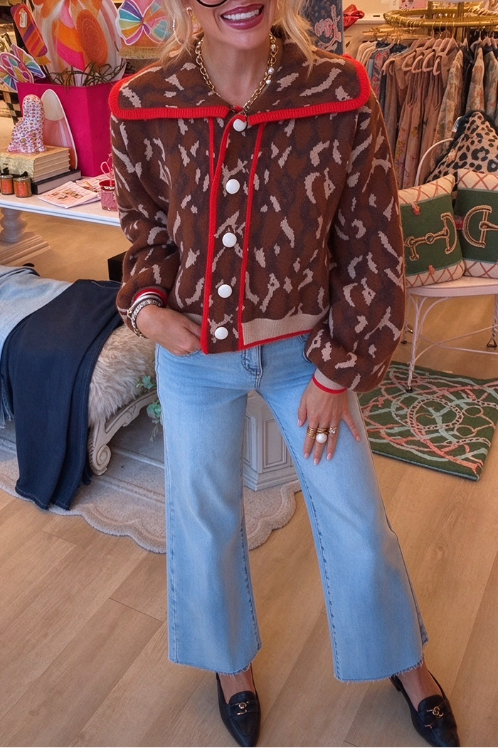 Leopard Ruffle Collar Button Cardigan