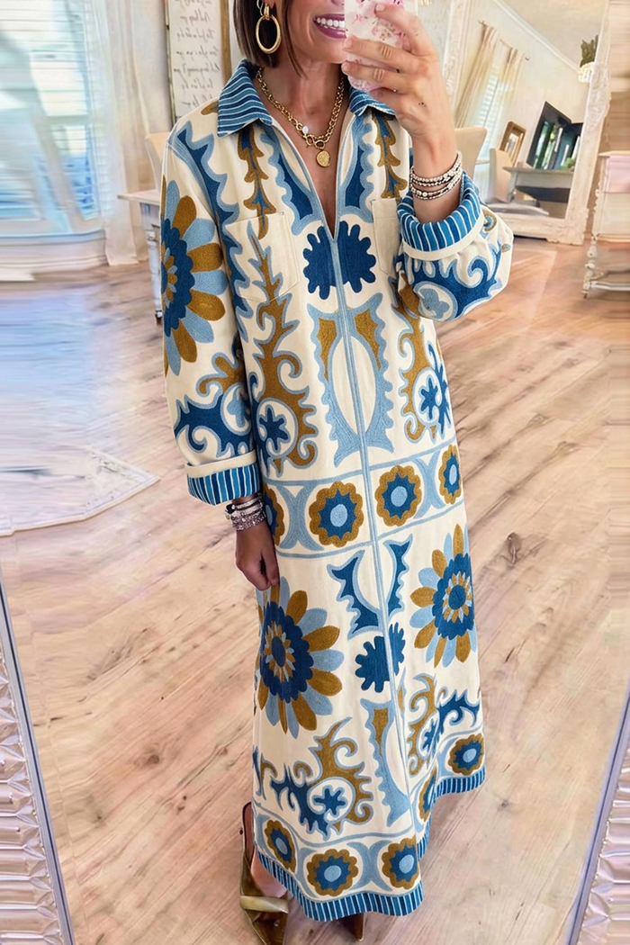 Retro Floral Jacquard Collar Contrast Cuff Pockets Maxi Dress