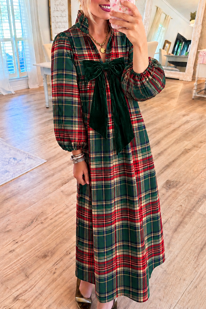 Green Velvet Bow Tartan Plaid Pocket Maxi Dress