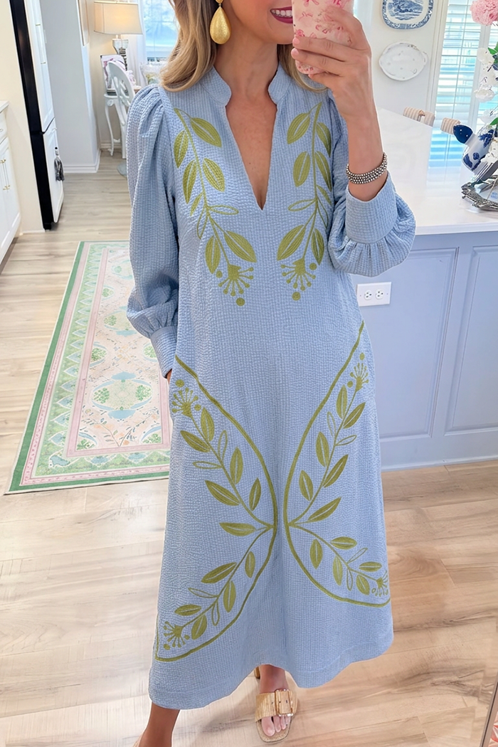 Blue Waffle Puff Sleeve Leaf Embroidered Maxi Dress