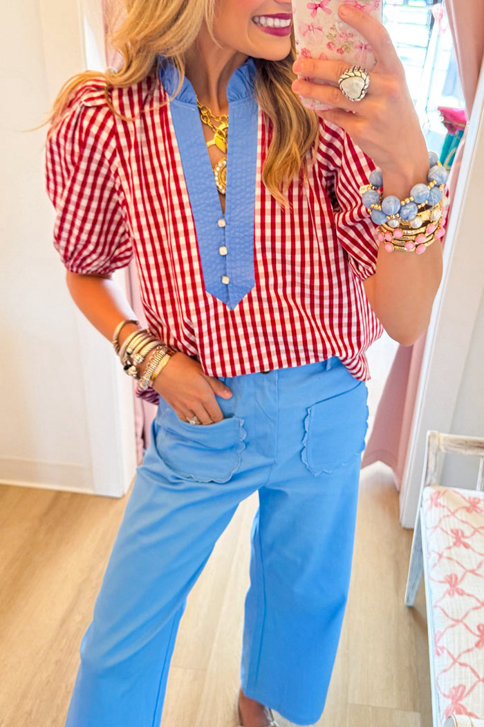 Red Gingham Short Puff Sleeve Top