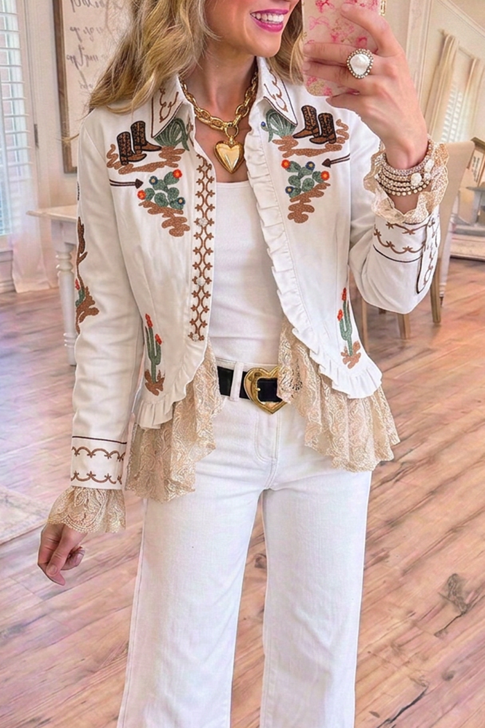 Collared Western Cactus Cowboy Boot Ruffle Lace Hem Long Sleeve Jacket